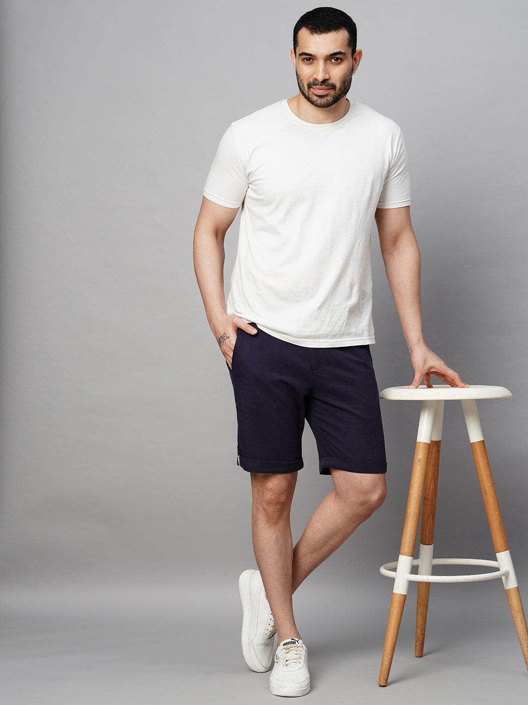Men's Indigo Cotton Linen Regular Fit Shorts