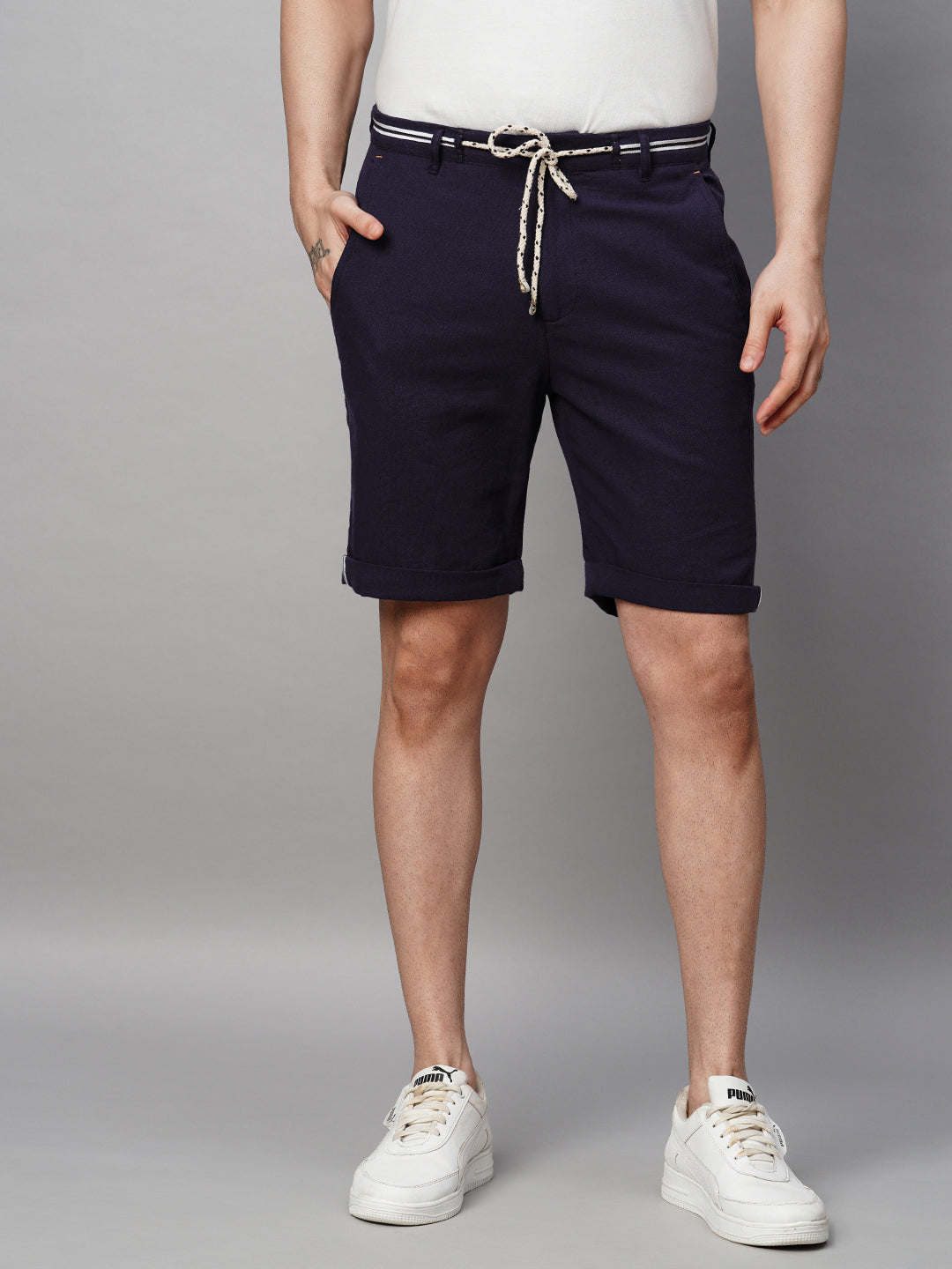 Men's Indigo Cotton Linen Regular Fit Shorts