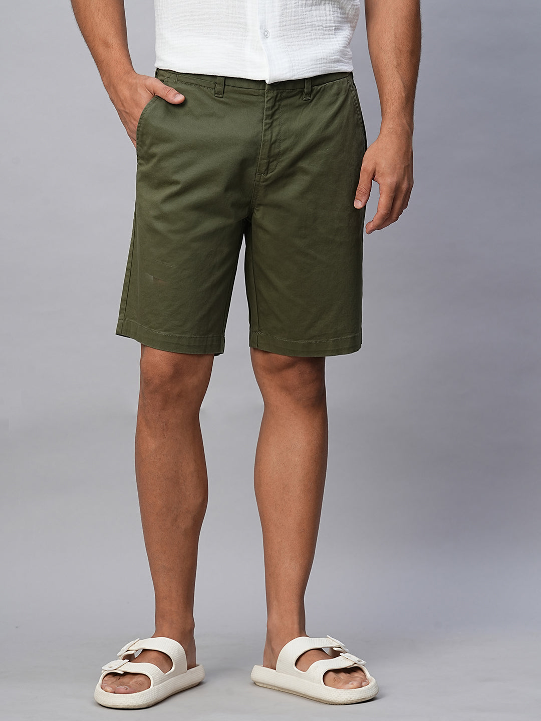 Men's Olive Cotton Lycra Regular Fit Shorts