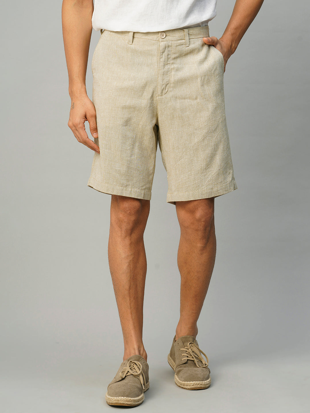 Men's Khaki Linen Viscose Regular Fit Shorts