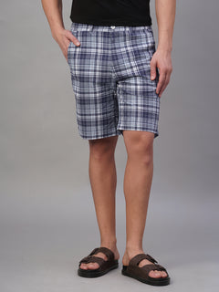 Men's 100% Cotton Regular Fit Check Shorts Navy