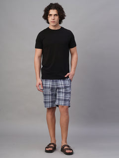 Men's 100% Cotton Regular Fit Check Shorts Navy