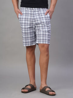 Men's Cotton Linen Regular Fit Button Zip Check Shorts Blue