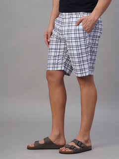 Men's Cotton Linen Regular Fit Button Zip Check Shorts Blue