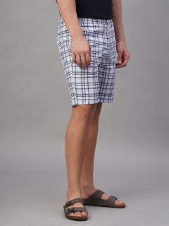 Men's Cotton Linen Regular Fit Button Zip Check Shorts Blue