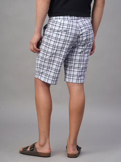 Men's Cotton Linen Regular Fit Button Zip Check Shorts Blue