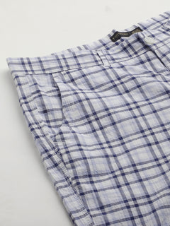 Men's Cotton Linen Regular Fit Button Zip Check Shorts Blue