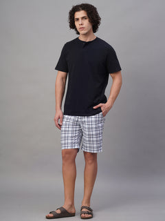 Men's Cotton Linen Regular Fit Button Zip Check Shorts Blue