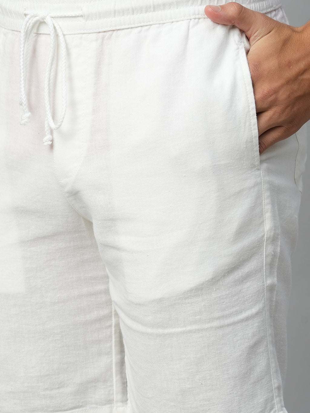 Men's White Linen Regular Fit Drawstring Shorts