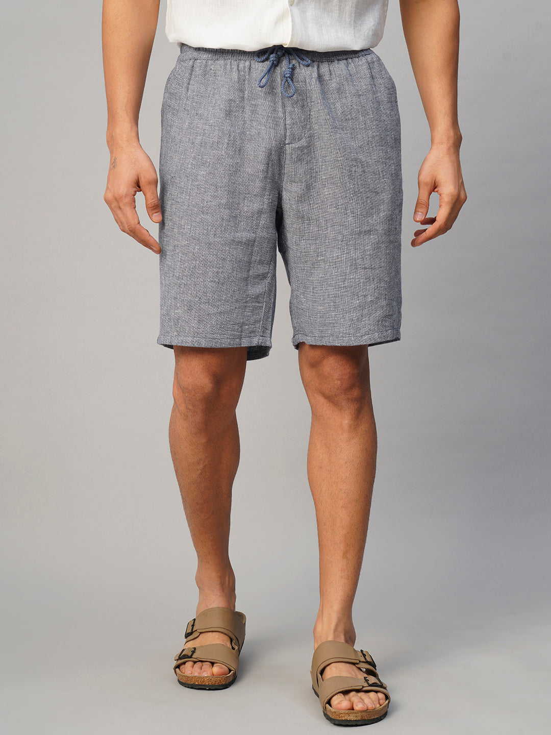 Men's Navy Cotton Linen Regular Fit Shorts