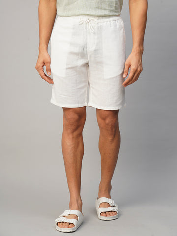 Men’s Cotton Linen Regular Fit Stripe Side Seam Pocket Short White