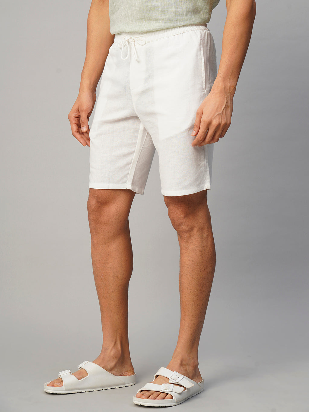 Men's White Cotton Linen Regular Fit Shorts