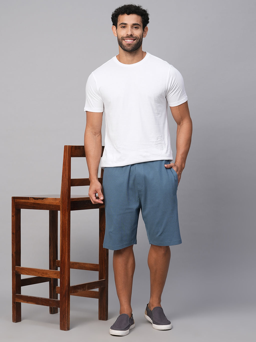 Men's Blue Cotton Elastane Regular Fit Shorts