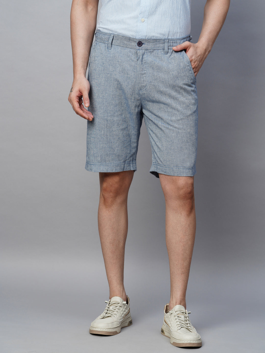 Men's Linen Blend Regular Fit Side Elastic Blue Shorts