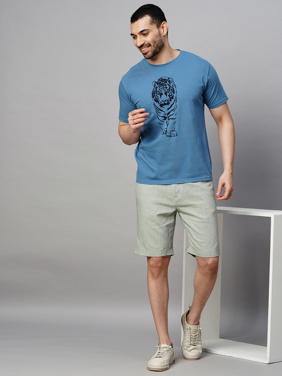 Men's Linen Blend Regular Fit Side Elastic Natural Shorts