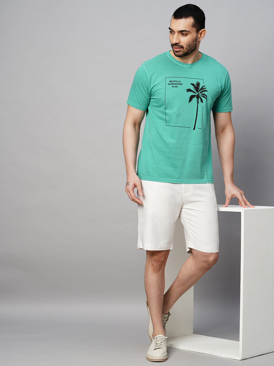 Men's White Linen Blend Regular Fit Side Elastic Shorts