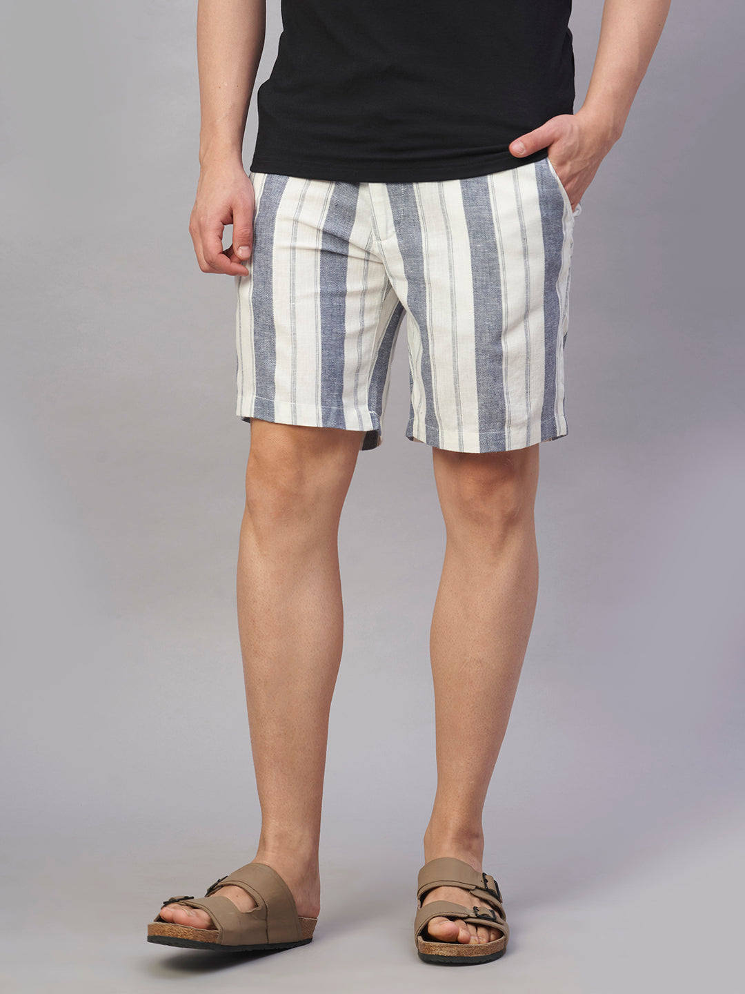 Men's Navy Cotton Linen Regular Fit Shorts