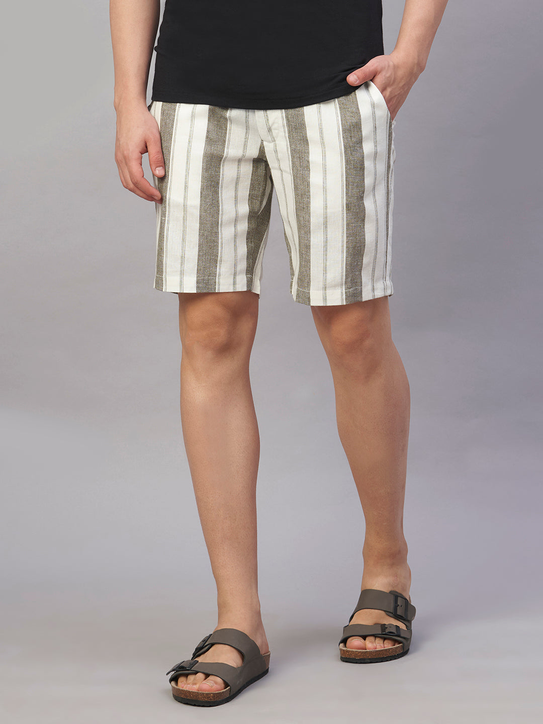 Men's Olive Cotton Linen Regular Fit Shorts