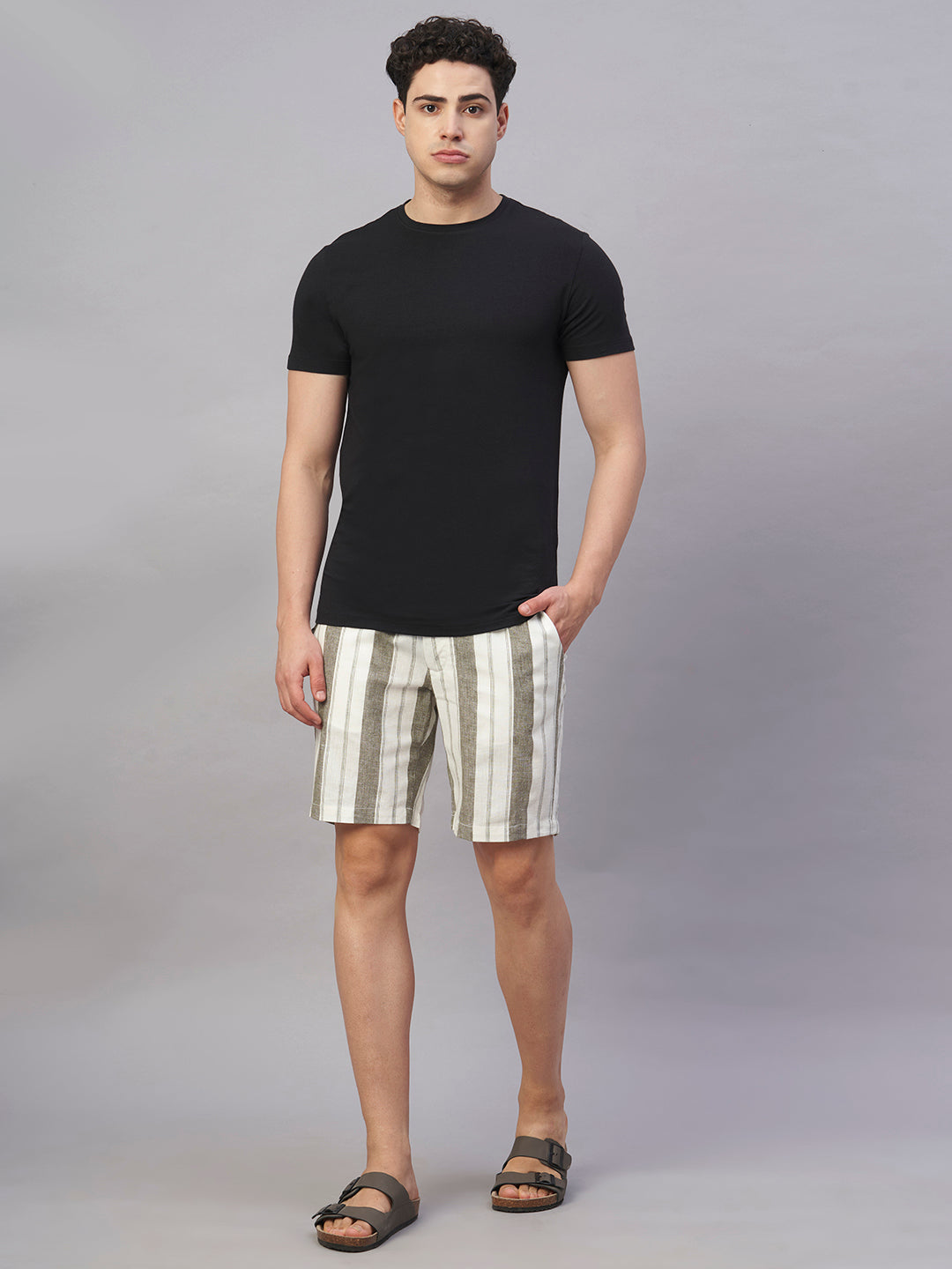 Men's Olive Cotton Linen Regular Fit Shorts