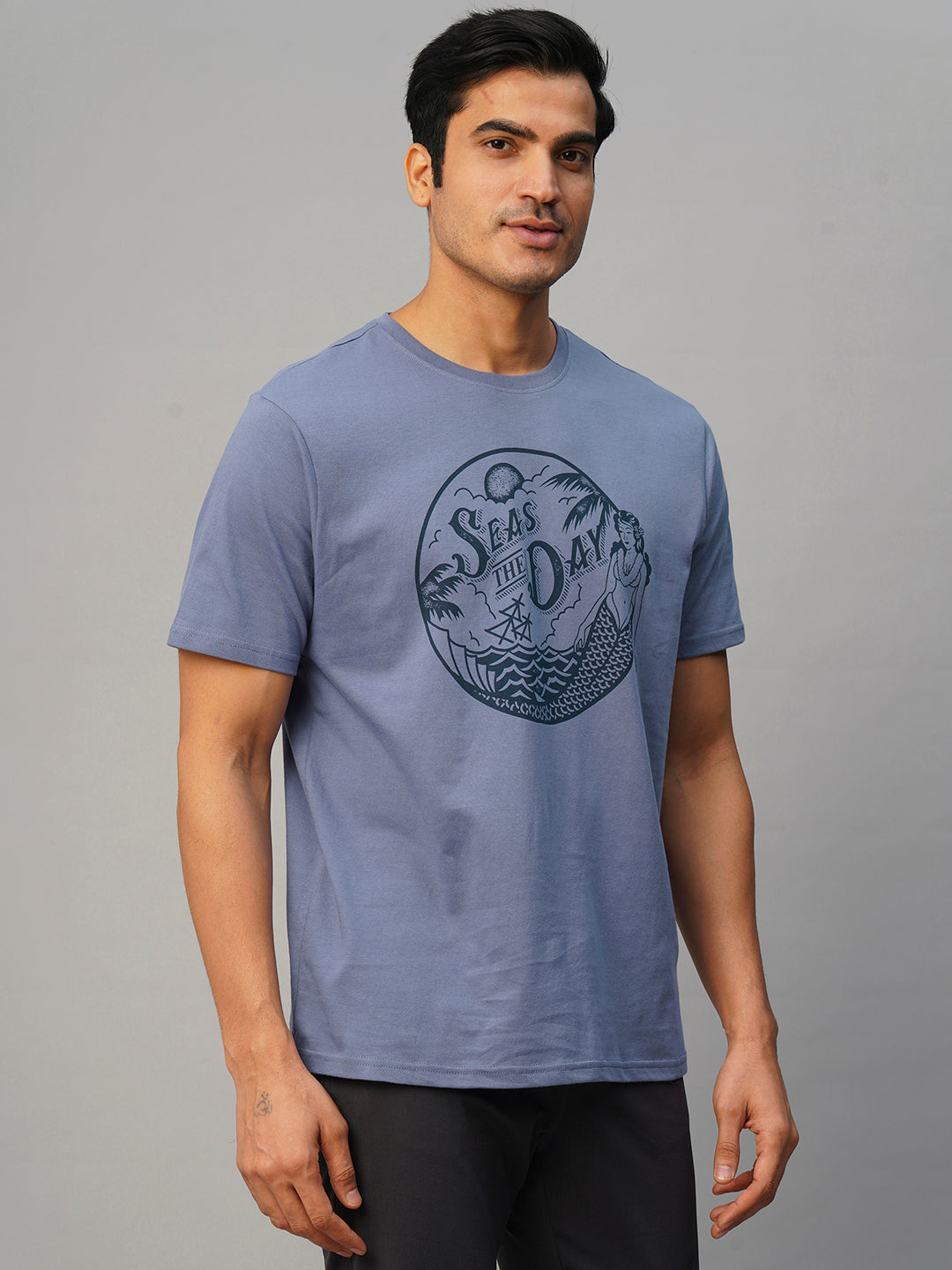 Men's Blue Cotton Regular Fit Tshirt