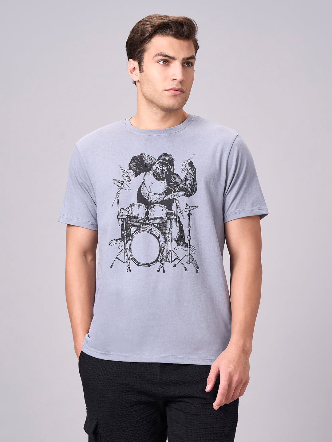 Men's Grey 100% Cotton Regular Fit Tshirt