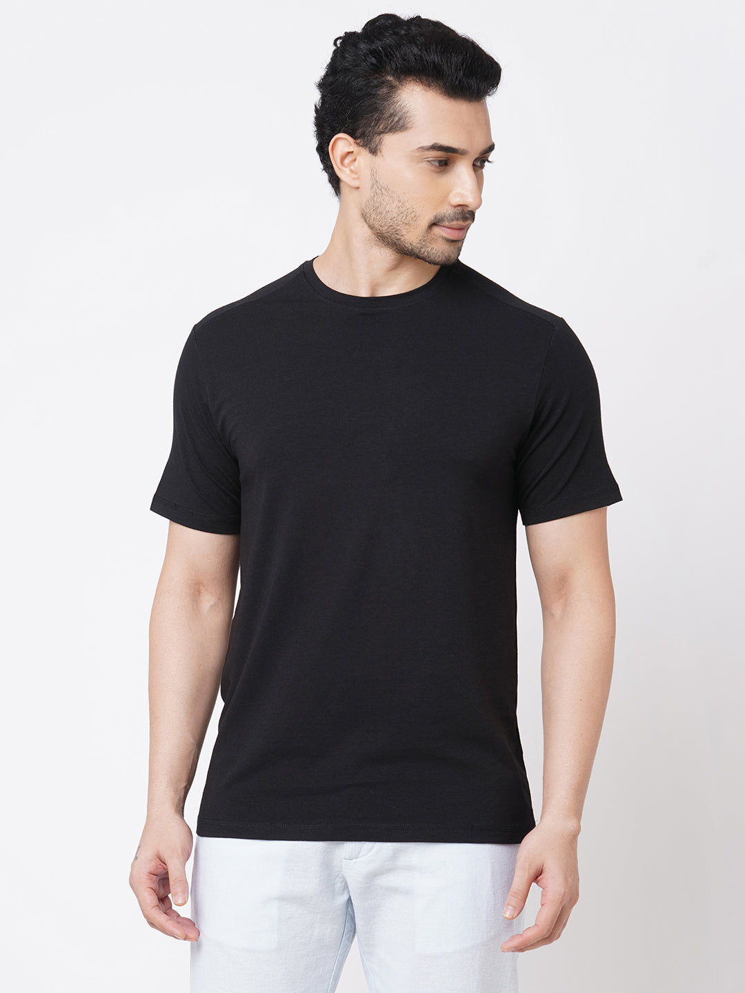 Men's Black Cotton Bamboo Elastane Regular Fit Tshirt