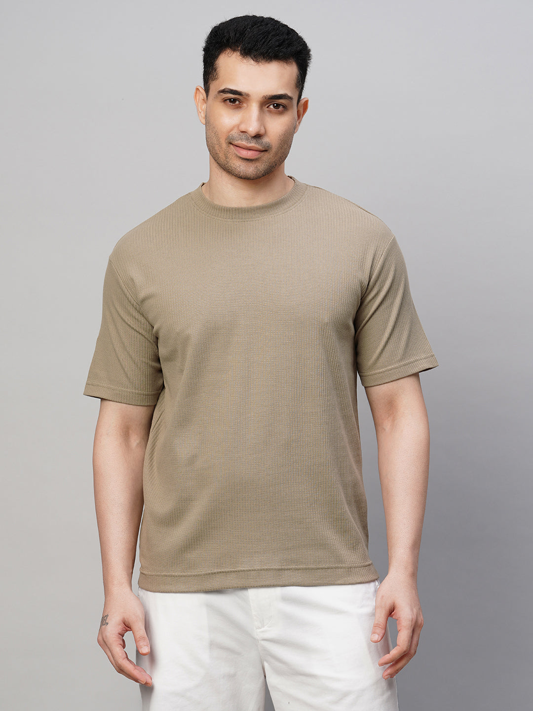 Men's Cotton Elastane Khaki Regular Fit Tshirt