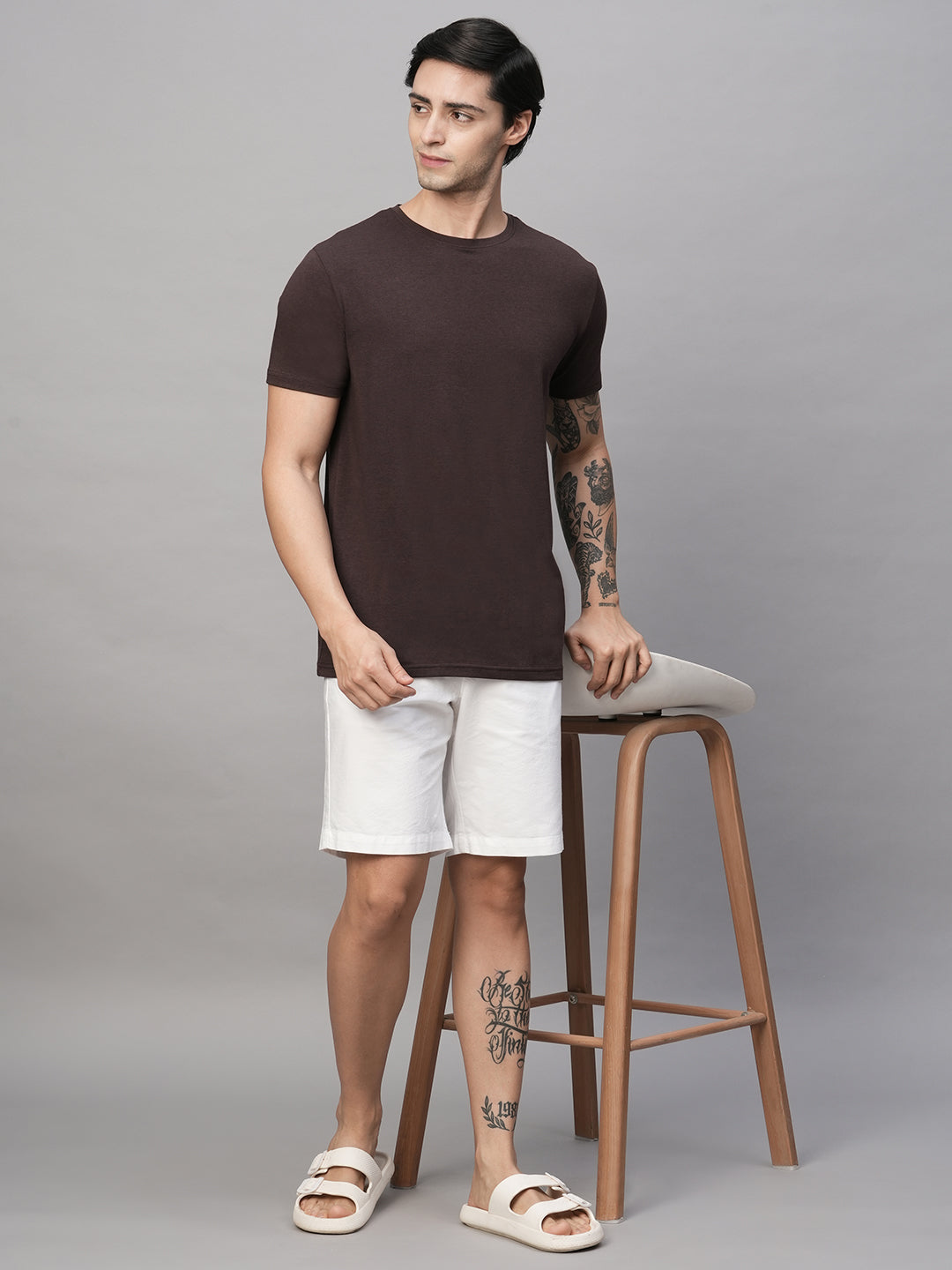 Men's Dark Brown Cotton Bamboo Elastane Regular Fit Tshirt