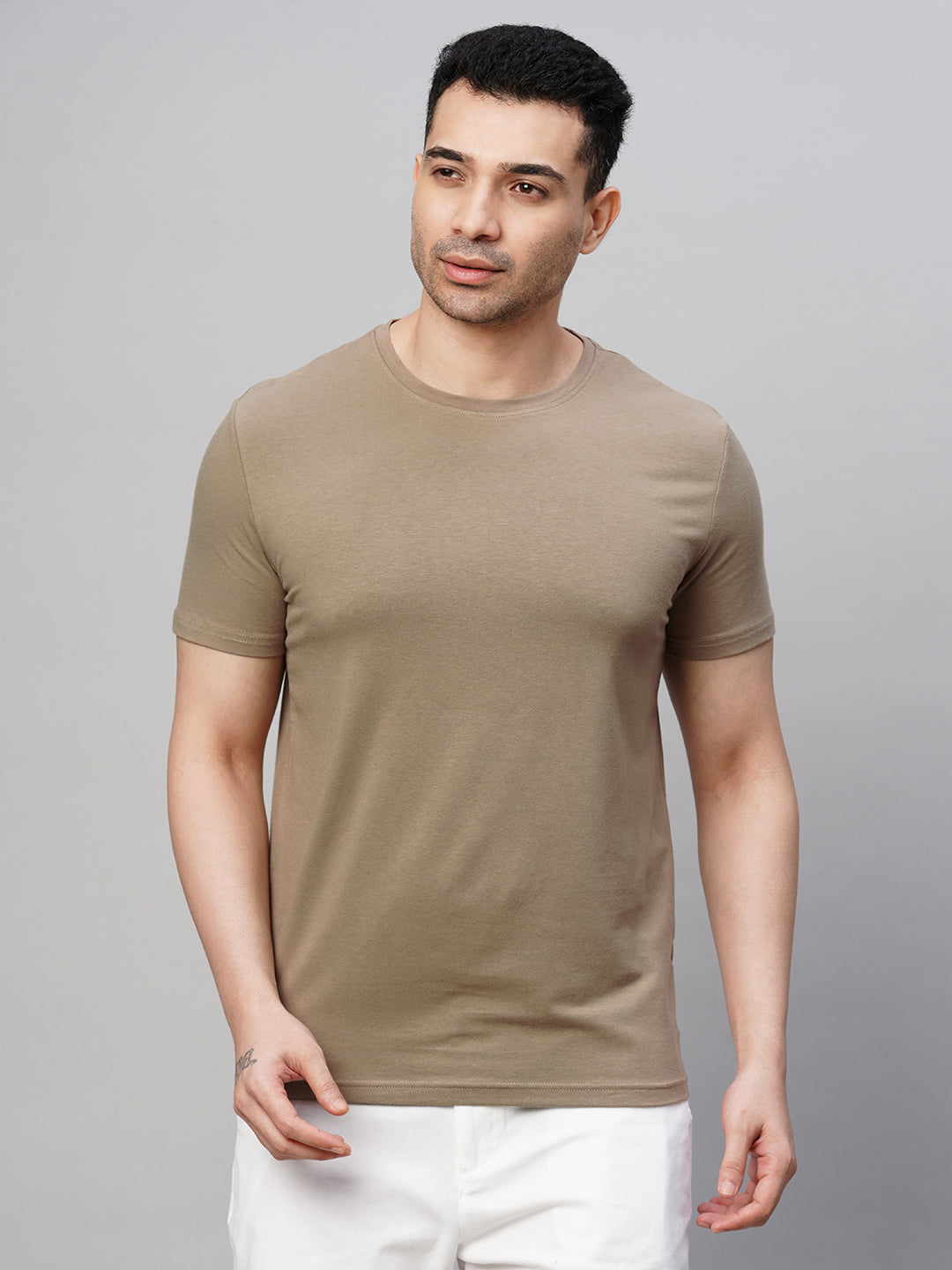 Men's Khaki Cotton Bamboo Elastane Regular Fit Tshirt