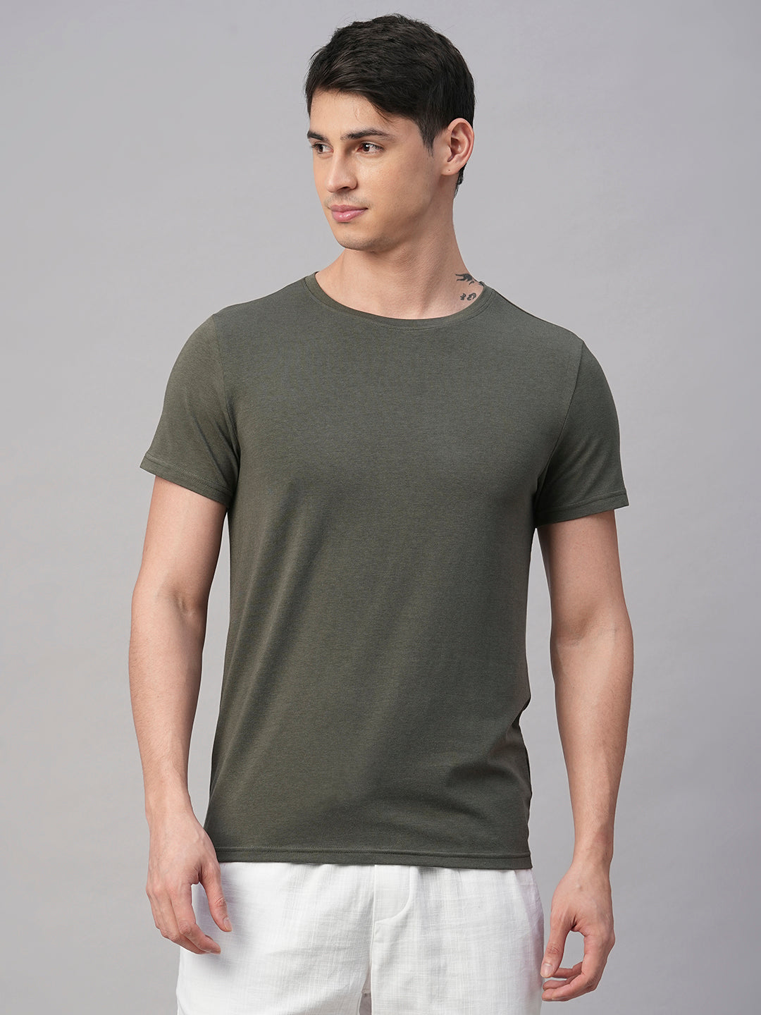 Men's Olive Cotton Bamboo Elastane Regular Fit Tshirt