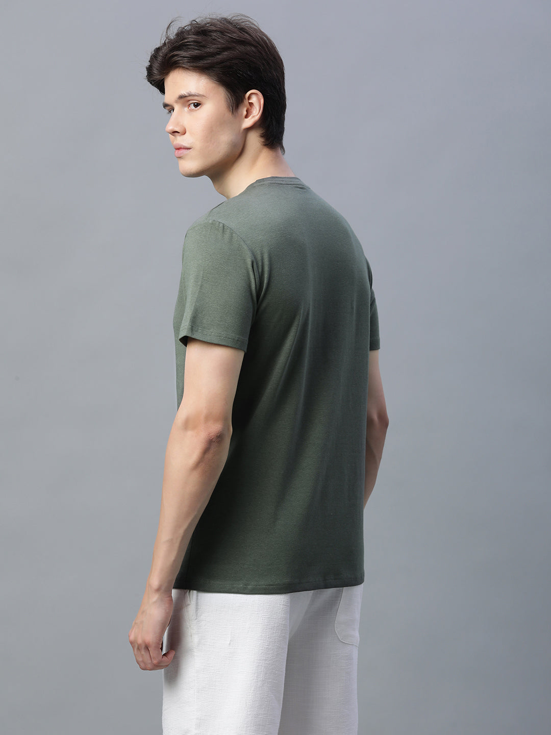 Men's Olive Cotton Bamboo Elastane Regular Fit Tshirt