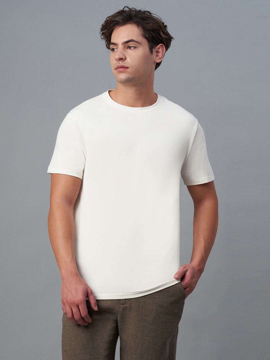 Men's Offwhite Cotton Bamboo Elastane Regular Fit Tshirt
