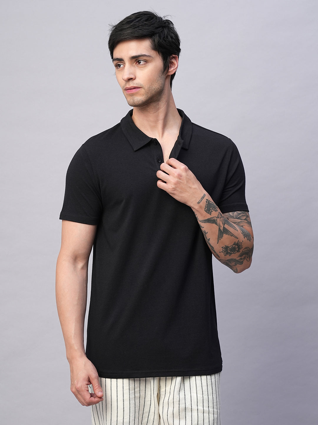 Men's Black Cotton Bamboo Elastane Regular Fit Tshirt