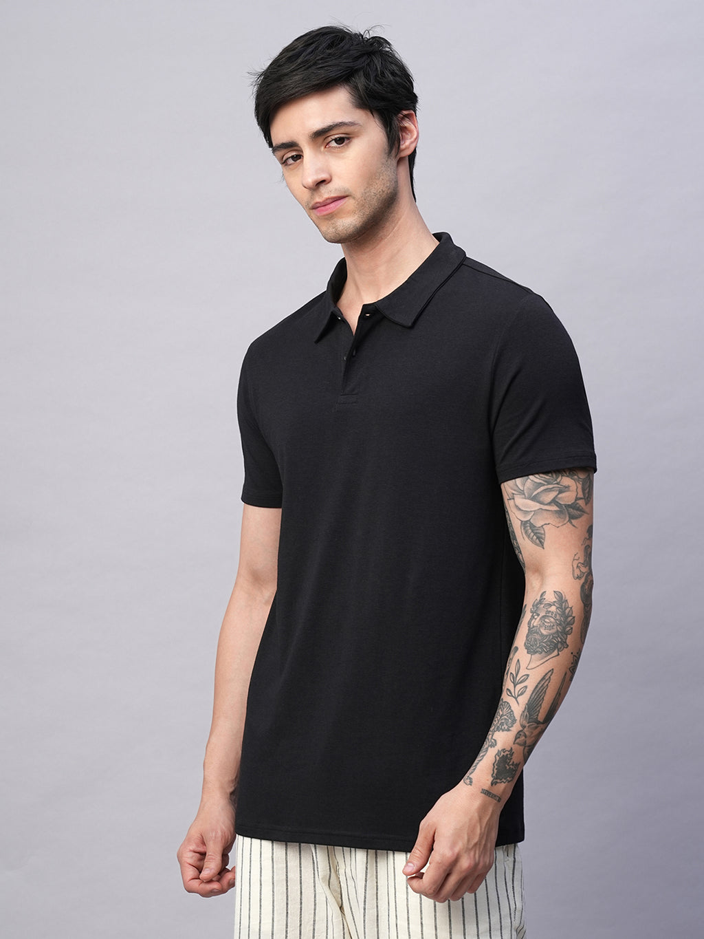 Men's Black Cotton Bamboo Elastane Regular Fit Tshirt