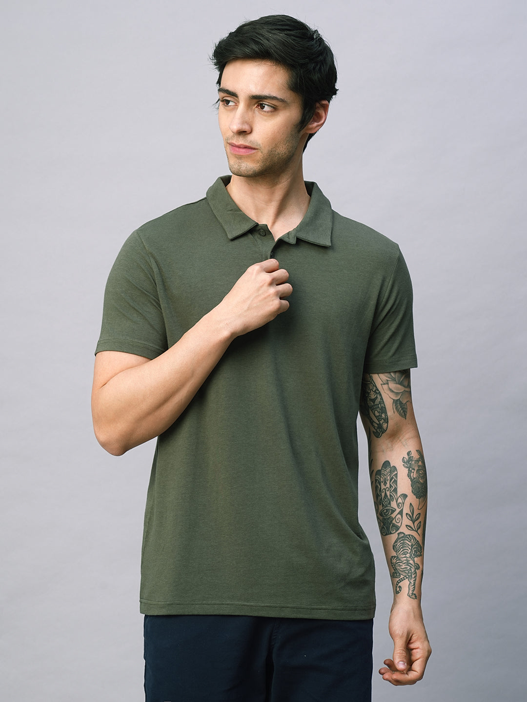 Men's Olive Cotton Bamboo Elastane Regular Fit Tshirt