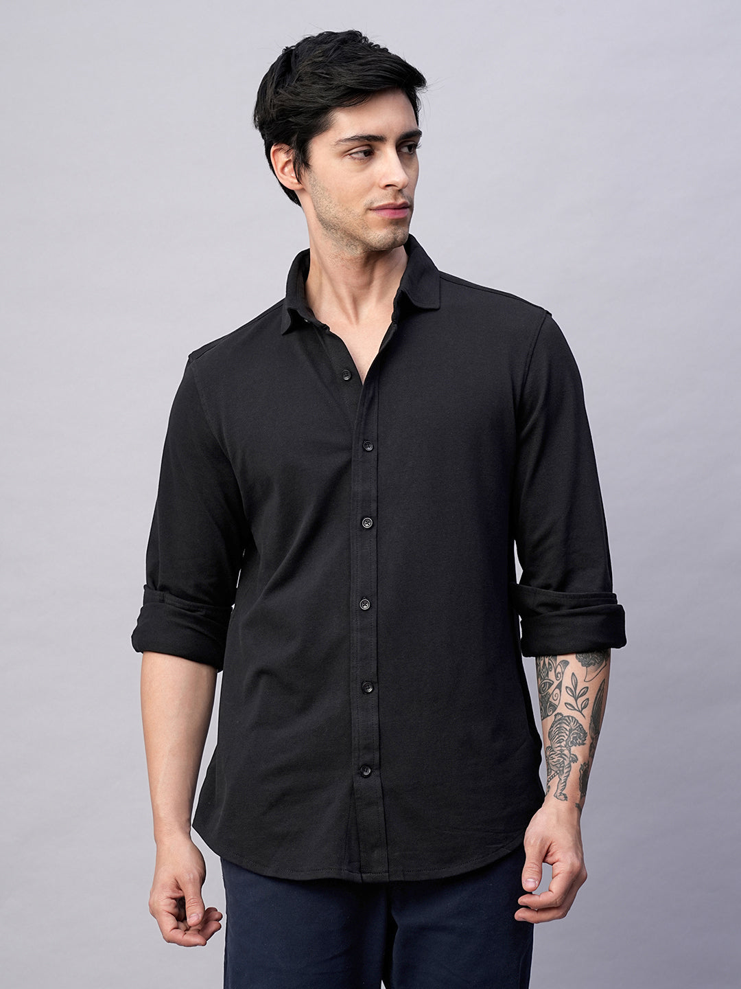 Men's Black Cotton Elastane Regular Fit Tshirt