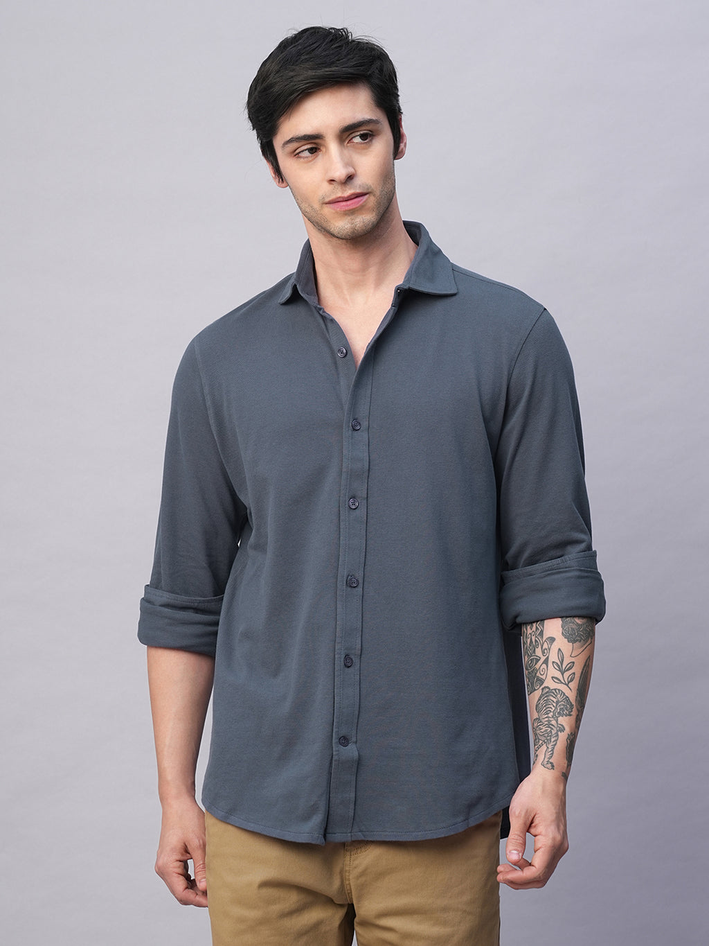 Men's Blue Cotton Elastane Regular Fit Shirt
