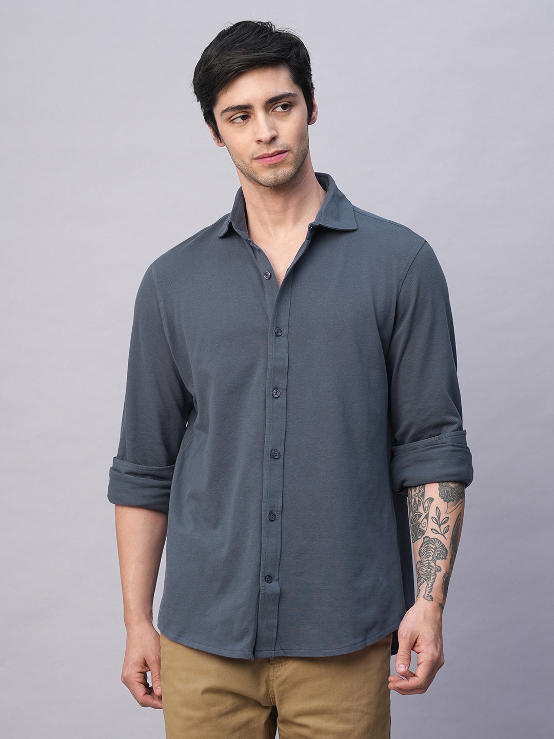 Men's Blue Cotton Elastane Regular Fit Shirt