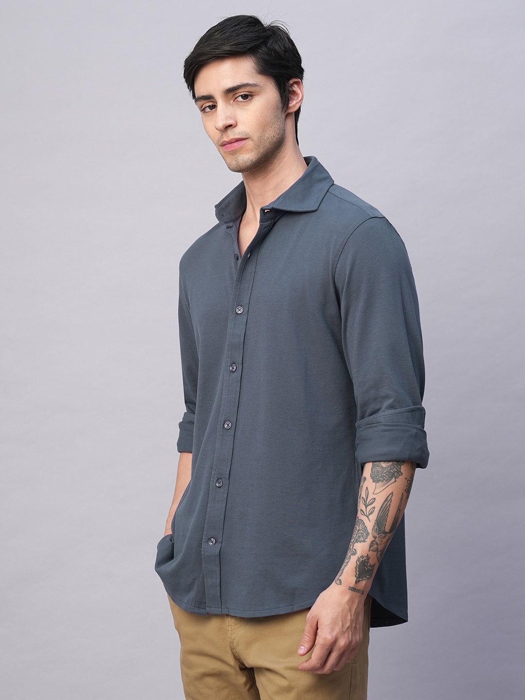 Men's Blue Cotton Elastane Regular Fit Shirt