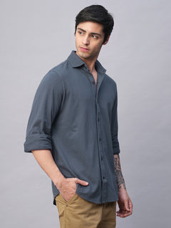 Men's Blue Cotton Elastane Regular Fit Shirt