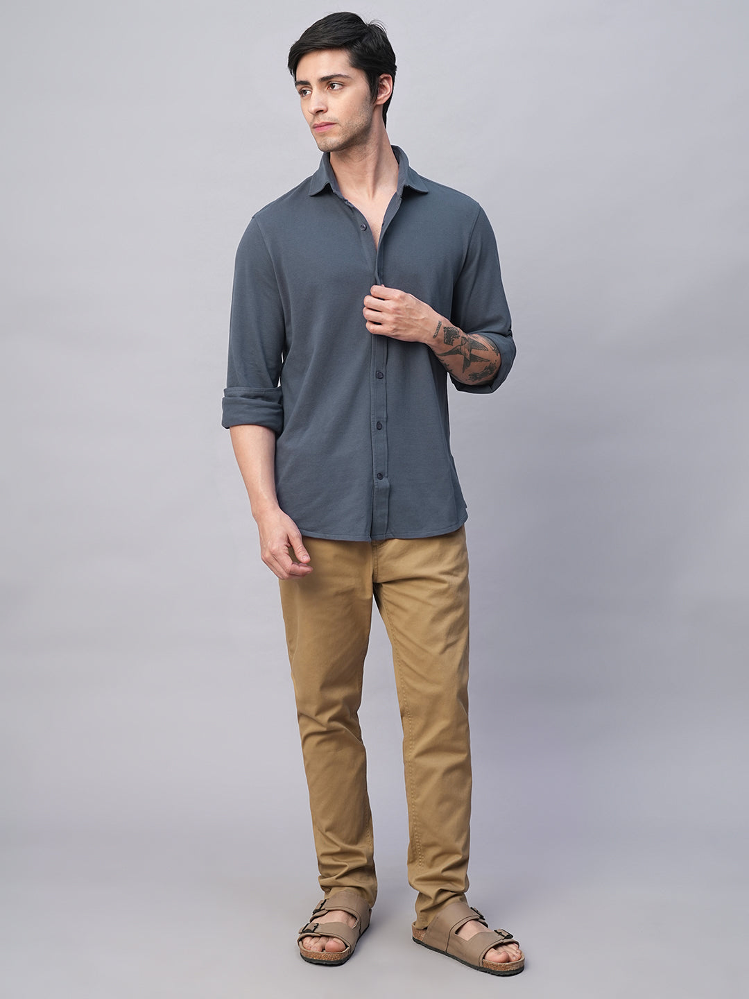 Men's Blue Cotton Elastane Regular Fit Shirt