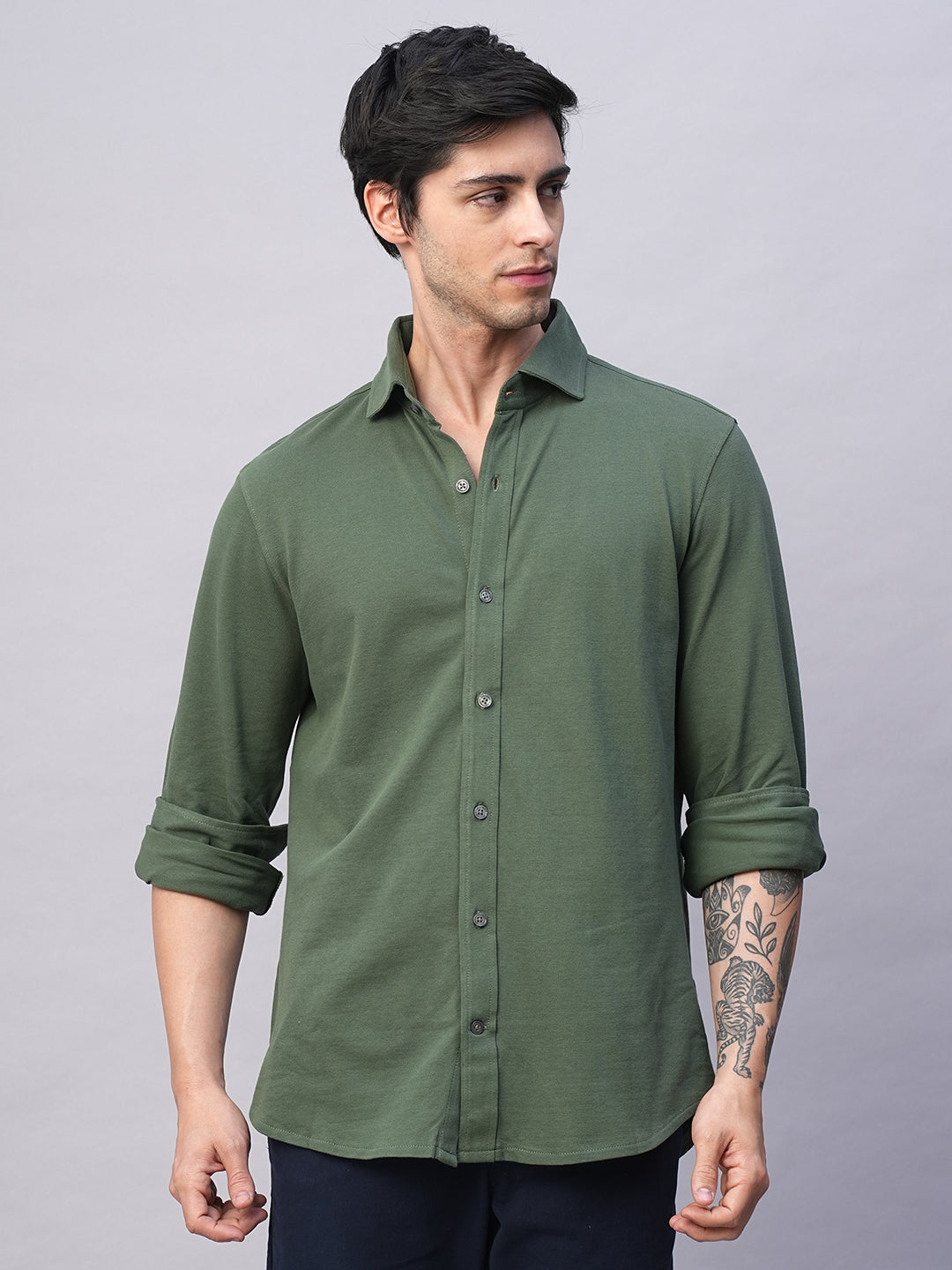 Men's Darkgreen Cotton Elastane Regular Fit Tshirt