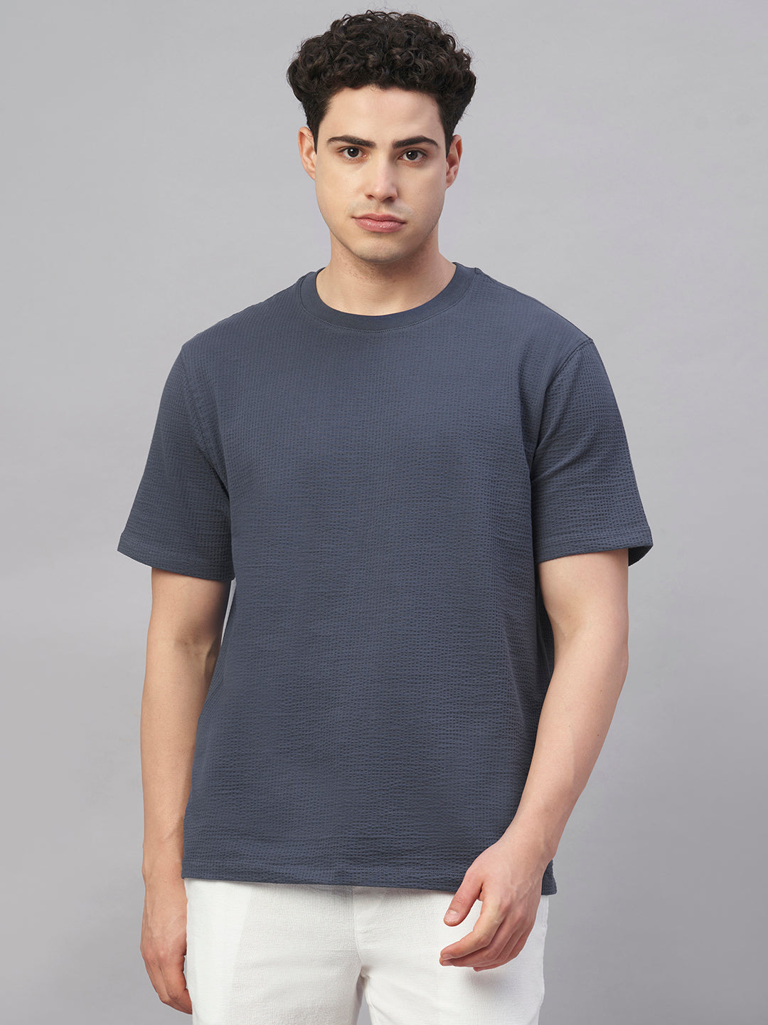 Men's Blue Cotton Elastane Regular Fit Tshirt