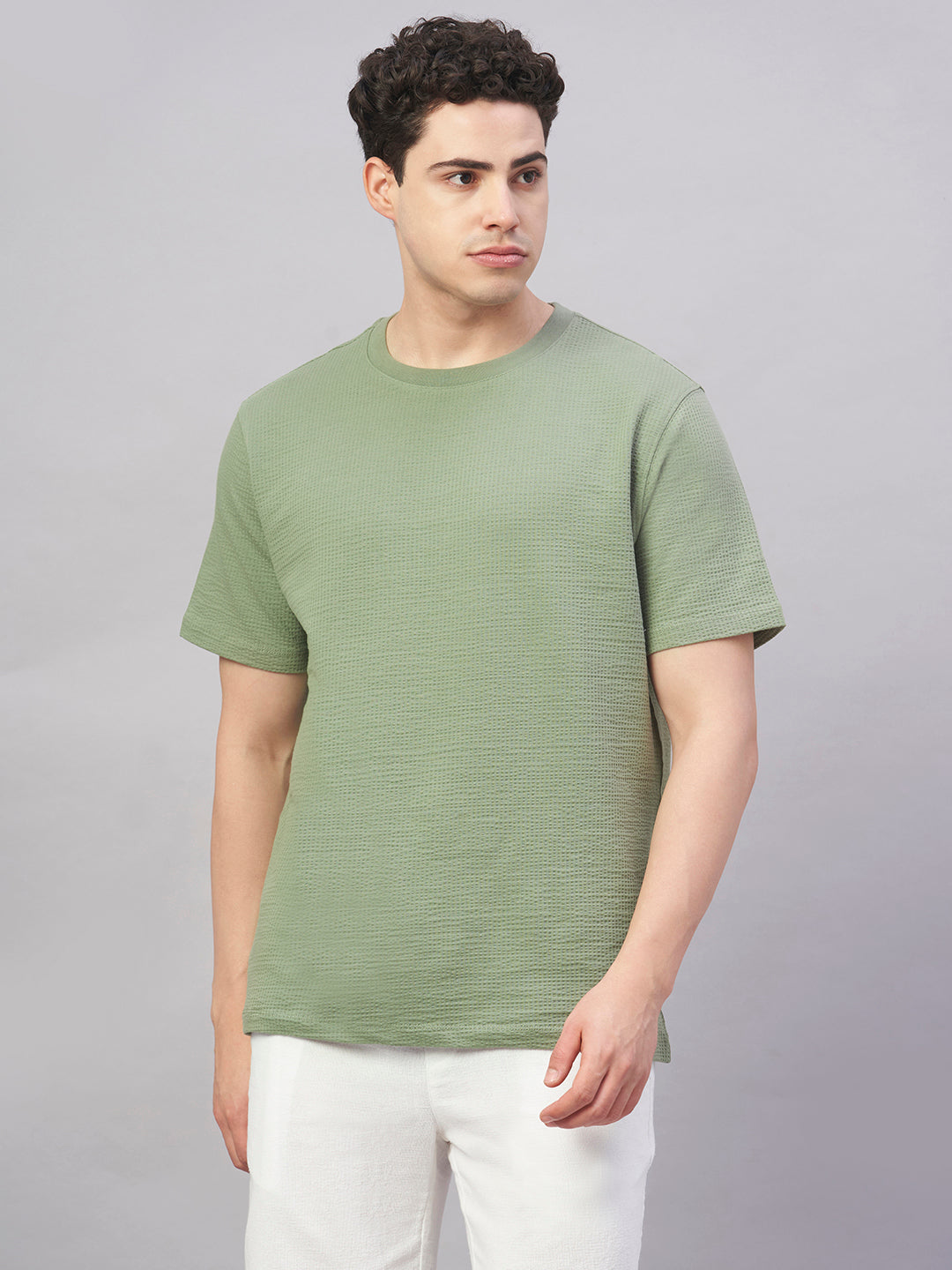 Men's Green Cotton Elastane Regular Fit Tshirt