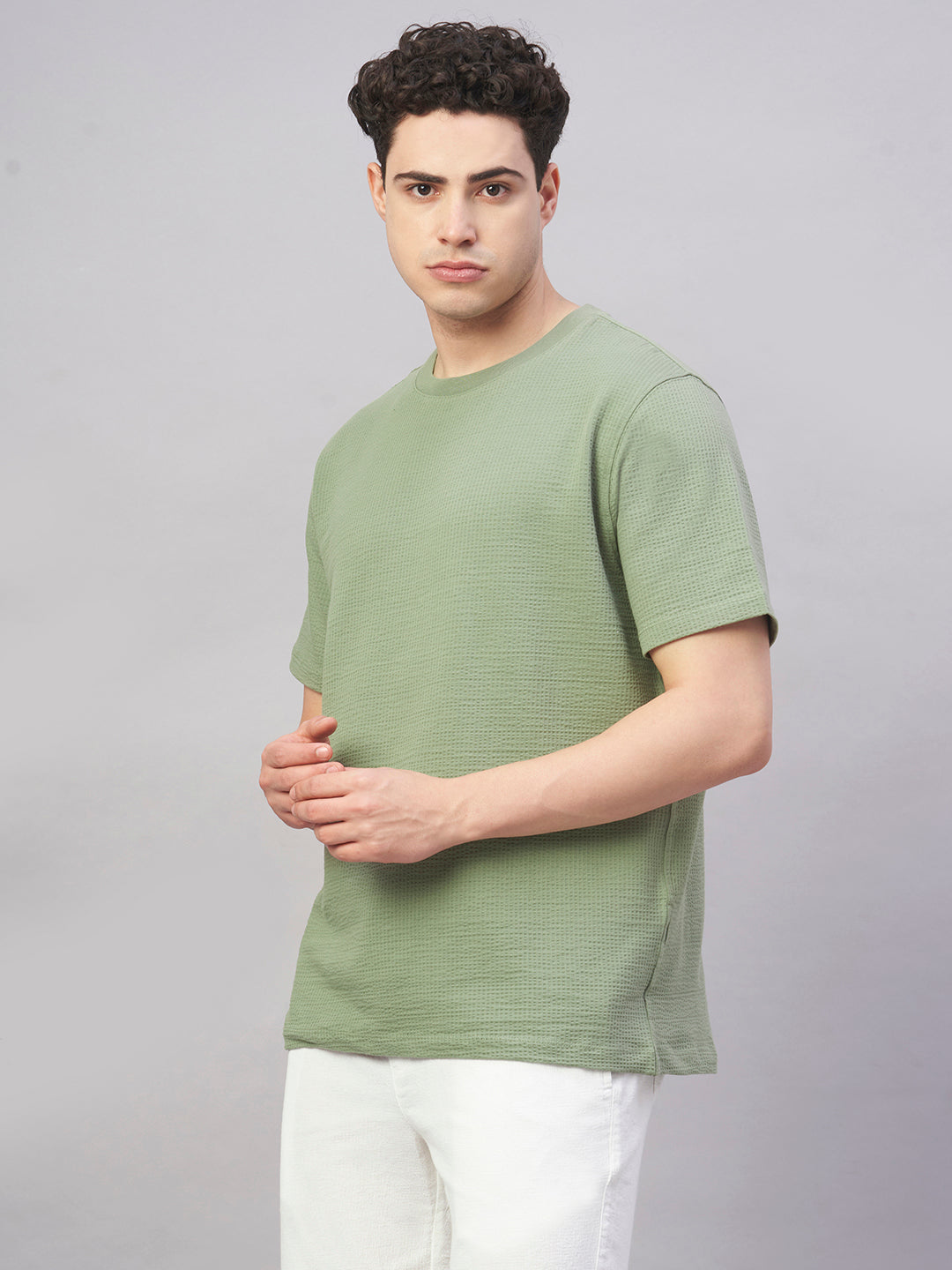 Men's Green Cotton Elastane Regular Fit Tshirt
