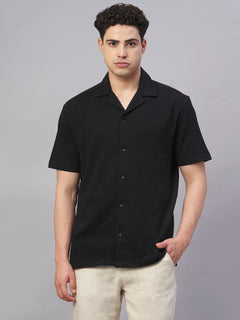 Men’s Cotton Elastane Regular Fit Button Front T-Shirt Black