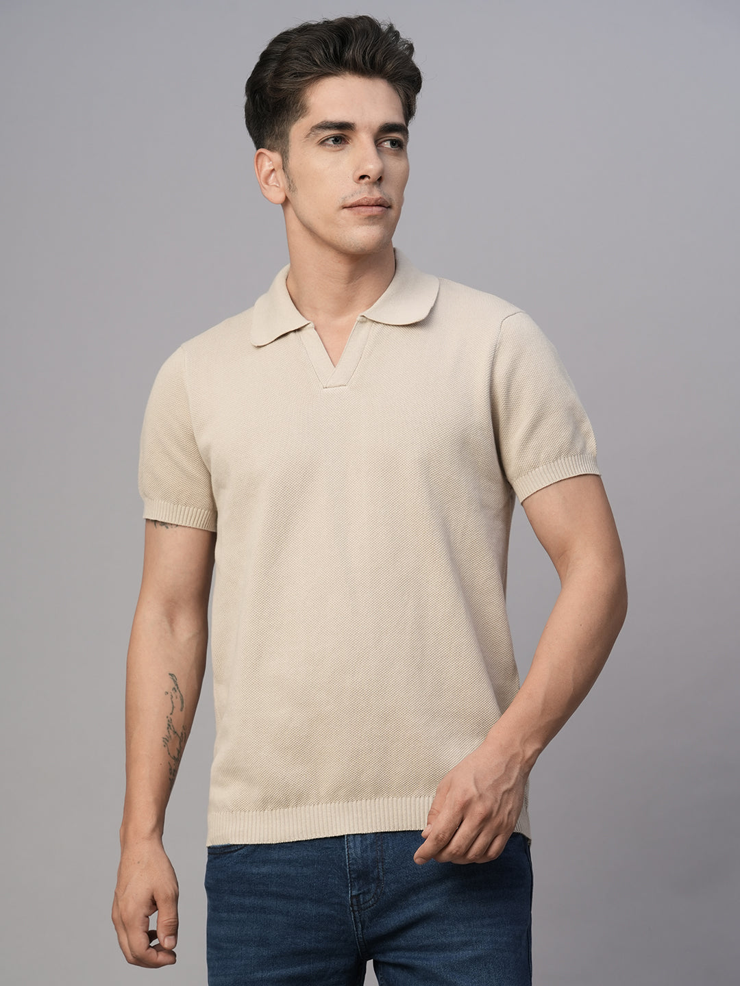 Men's Beige Cotton Regular Fit Tshirt