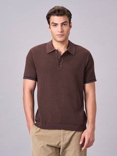 Men's 100% Cotton Ribbed Polo T Shirt Brown