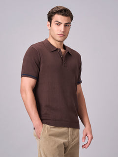 Men's 100% Cotton Ribbed Polo T Shirt Brown
