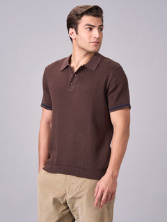 Men's 100% Cotton Ribbed Polo T Shirt Brown